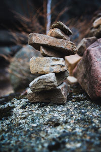 Close-up of stone stack on rock