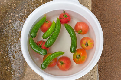 High angle view of vegetables in bowl on table