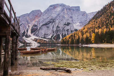 Scenic view of lake by snowcapped mountains against sky