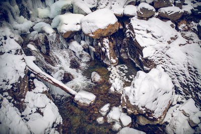 High angle view of frozen water on land