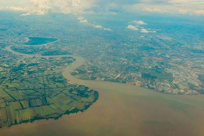 Aerial view of river amidst landscape against sky