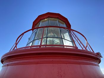 Low angle view of red building against clear blue sky