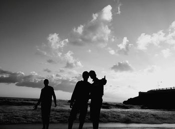 Silhouette people standing on shore at beach against sky