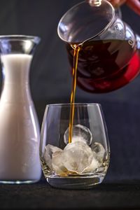 Close-up of wine glasses on table
