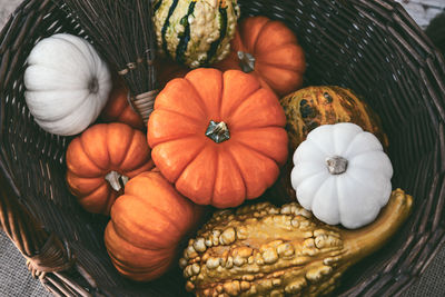 High angle view of pumpkins on table