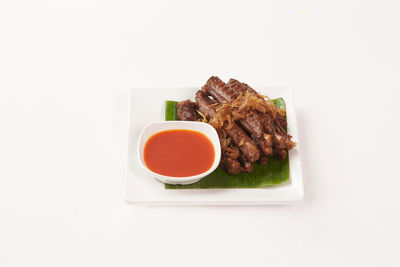 High angle view of food served on table