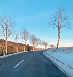 Road by bare trees against sky during winter