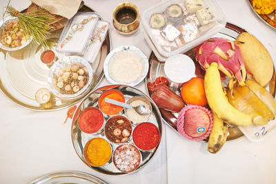 High angle view of fruits in plate on table