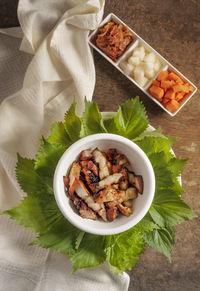 High angle view of meal served on table