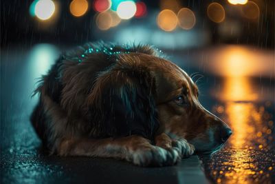Homeless abandoned dog with sad smart eyes lying on the street. rainy day. generative ai.