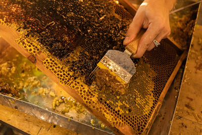 Close-up of man working on wood