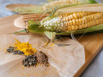 High angle view of corn on table