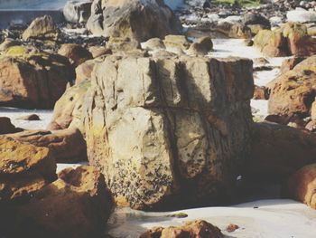 Close-up of rock formations at seaside