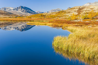 Mountains reflecting in lake at autumn, norway,