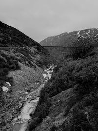 Scenic view of mountains against sky with abandoned train track