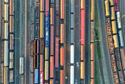 Aerial view of trains on tracks