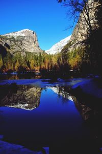 Scenic view of lake and mountains against clear blue sky