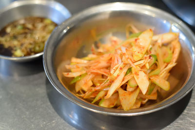 High angle view of noodles in bowl on table