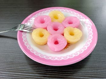 High angle view of dessert in plate on table