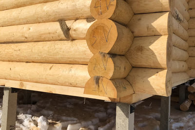 Close-up of stack of logs