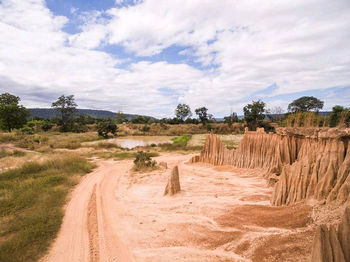 Dirt road amidst trees against sky