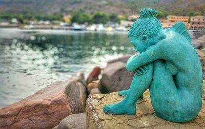 Close-up of statue by lake against sky