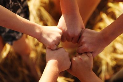 High angle view of friends with fist bumps