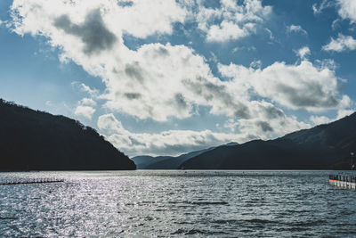 Scenic view of sea and mountains against sky