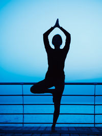 Silhouette woman standing by railing against sky