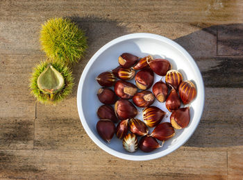 High angle view of fruits in bowl on table