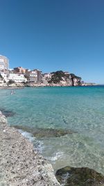 Scenic view of sea against clear blue sky