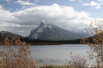 Scenic view of lake and mountains against sky