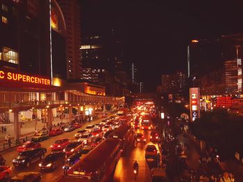 High angle view of illuminated cityscape at night