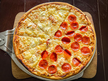 High angle view of pizza on table