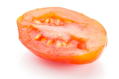 Close-up of orange slice against white background