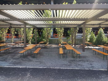 Empty chairs and tables in restaurant