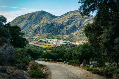 Road amidst trees and mountains against sky