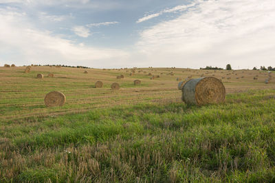 Hay bales on field against sky