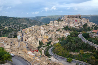 High angle view of townscape against sky