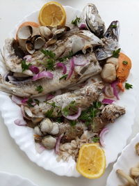High angle view of fish served in plate