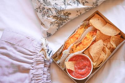 High angle view of breakfast on table