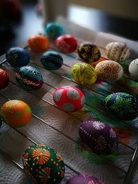 High angle view of multi colored candies on table