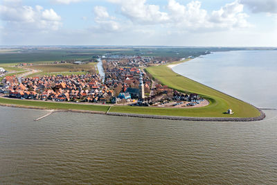 Aerial from the traditional village hindeloopen at the ijsselmeer in the netherlands