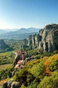 Panorama of meteora orthodox churches on the tops of rocks, monasteries on height, meteoric rocks