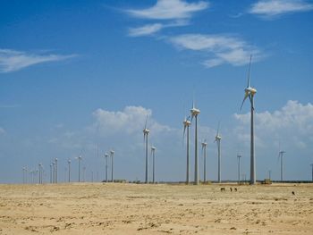 Windmills on landscape against sky