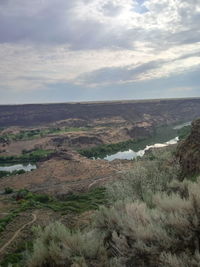 High angle view of land against sky