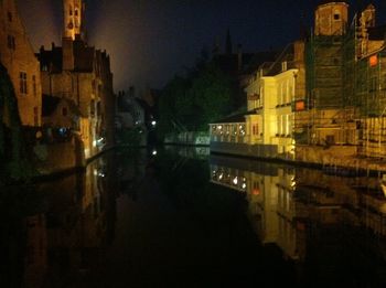 View of city lit up at night