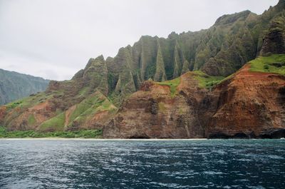 Scenic view of sea and mountains against sky