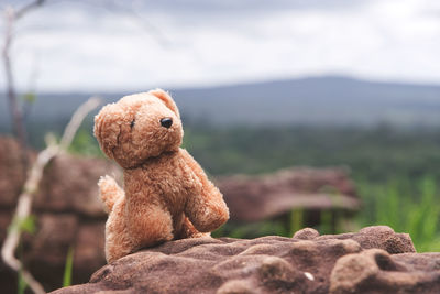 Close-up of stuffed toy on field against sky