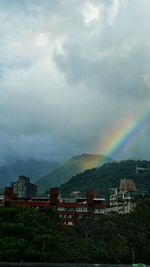 Rainbow over buildings in city against sky